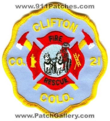 Clifton Fire Rescue Company 21 Patch (Colorado)
[b]Scan From: Our Collection[/b]
Keywords: co. colo.