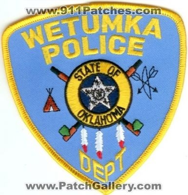 Wetumka Police Department (Oklahoma)
Thanks to Police-Patches-Collector.com for this scan.
Keywords: dept