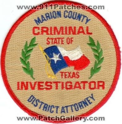 Marion County District Attorney Criminal Investigator (Texas)
Thanks to Police-Patches-Collector.com for this scan.
Keywords: da ci