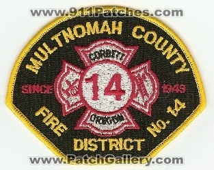 Multnomah County Fire District No 14
Thanks to PaulsFirePatches.com for this scan.
Keywords: oregon number corbett