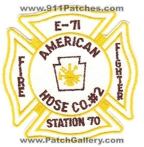 American Hose Co #2 Fire Fighter Engine 71 Station 70
Thanks to PaulsFirePatches.com for this scan.
Keywords: pennsylvania company number