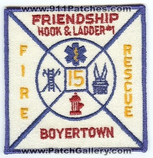 Friendship Fire Rescue Hook & Ladder #1
Thanks to PaulsFirePatches.com for this scan.
Keywords: pennsylvania number boyerstown