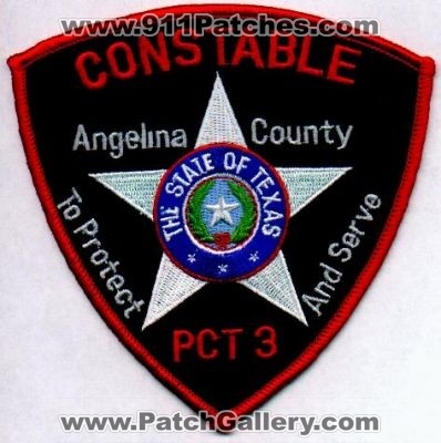Angelina County Constable Pct 3
Thanks to EmblemAndPatchSales.com for this scan.
Keywords: texas precinct
