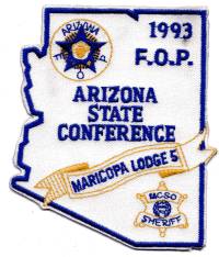 Arizona Fraternal Order of Police 1993 State Conference
Thanks to BensPatchCollection.com for this scan.
Keywords: fop f.o.p. maricopa lodge 5 county sheriff's sheriff office mcso