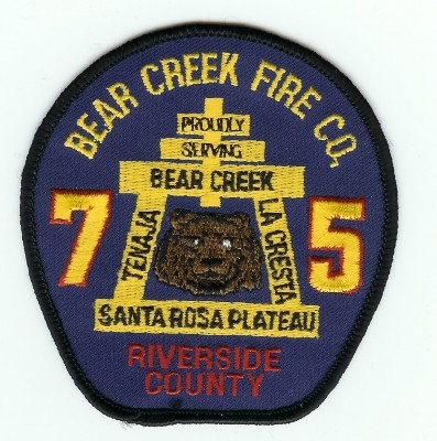 Bear Creek Fire Co 75
Thanks to PaulsFirePatches.com for this scan.
Keywords: california company tenaja la cresta santa rosa plateau riverside county