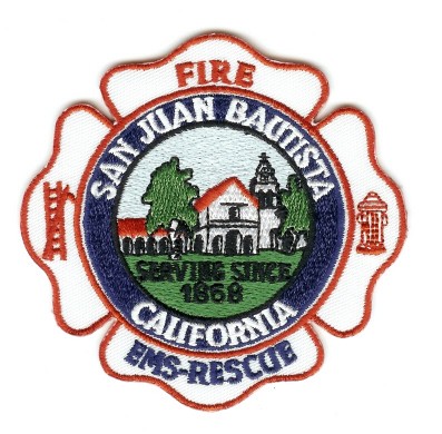 San Juan Bautista Fire EMS Rescue
Thanks to PaulsFirePatches.com for this scan.
Keywords: california