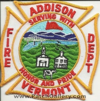 Addison Fire Department (Vermont)
Thanks to Mark Hetzel Sr. for this scan.
Keywords: dept. serving with honor and pride
