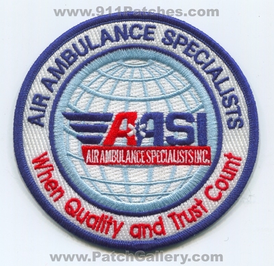 Air Ambulance Specialists Inc AASI EMS Patch (Colorado)
[b]Scan From: Our Collection[/b]
Keywords: medical plane inc. when quality and trust count