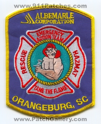 Albemarle Corporation Fire Department Emergency Action Team Orangeburg Patch (South Carolina)
Scan By: PatchGallery.com
Keywords: corp. rescue hazmat haz-mat dept. sc tame the flame