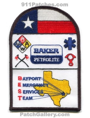 Baker Petrolite Bayport Emergency Services Team Patch (Texas)
Scan By: PatchGallery.com
Keywords: best response ert fire ems rescue hazmat haz-mat