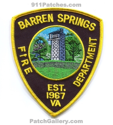 Barren Springs Fire Department Patch (Virginia)
Scan By: PatchGallery.com
Keywords: dept. est. 1967