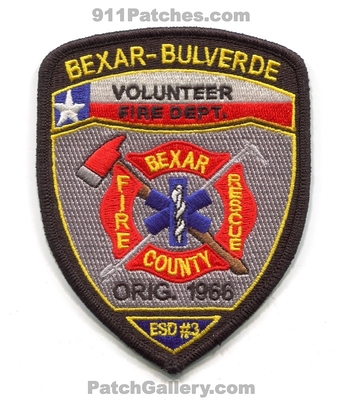 Bexar-Bulverde Volunteer Fire Rescue Department Bexar County ESD 3 Patch (Texas)
Scan By: PatchGallery.com
Keywords: vol. dept. co. emergency services district e.s.d. number no. #3 orig. 1966