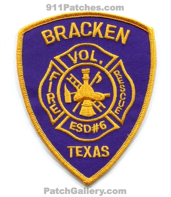 Bracken Volunteer Fire Rescue Department ESD Number 6 Patch (Texas)
Scan By: PatchGallery.com
Keywords: vol. dept. emergency services district e.s.d. dist. no. #6