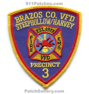 Brazos County Volunteer Fire Department Precinct 3 Steephollow Harvey Patch (Texas)
Scan By: PatchGallery.com
Keywords: co. vol. dept. pct. vfd ems est. 1977
