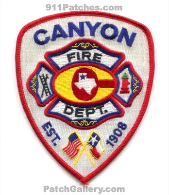 Canyon Fire Department Patch (Texas)
Scan By: PatchGallery.com
Keywords: dept. est. 1908