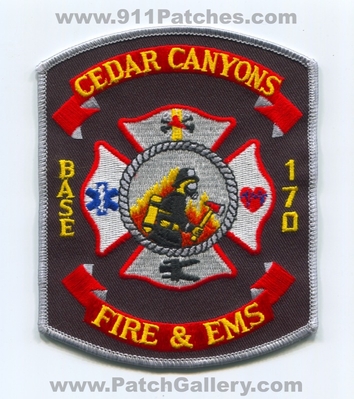 Cedar Canyons Fire and EMS Department Base 170 Patch (Indiana)
Scan By: PatchGallery.com
Keywords: & dept.