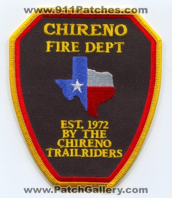 Chireno Fire Department (Texas)
Scan By: PatchGallery.com
Keywords: dept. est. 1972 by the trailriders
