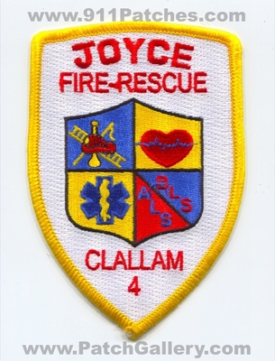Clallam County Fire District 4 Joyce Fire Rescue Department Patch (Washington)
Scan By: PatchGallery.com
[b]Patch Made By: 911Patches.com[/b]
Keywords: co. dist. number no. #4 dept.