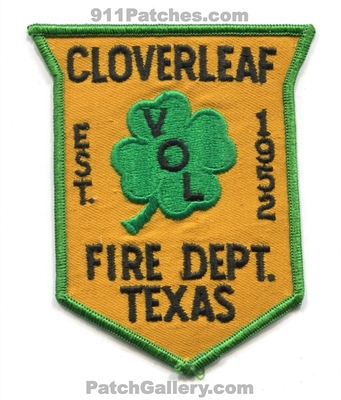 Cloverleaf Volunteer Fire Department Patch (Texas)
Scan By: PatchGallery.com
Keywords: vol. dept. est. 1952