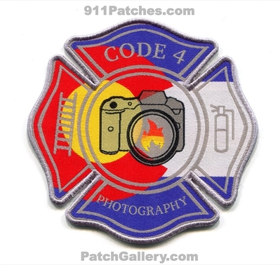 Code 4 Photography Patch (Colorado)
[b]Scan From: Our Collection[/b]
[b]Patch Made By: 911Patches.com[/b]
Keywords: four fire ems emergency services photos