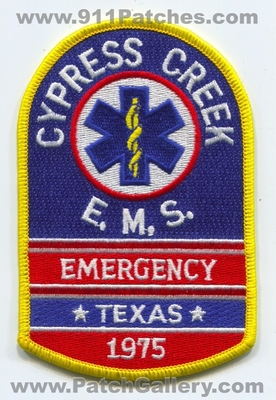 Cypress Creek Emergency Medical Services EMS Patch (Texas)
Scan By: PatchGallery.com
Keywords: e.m.s. ambulance 1975