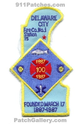 Delaware City Fire Company Number 1 Station 15 100 Years Patch (Delaware) (State Shape)
Scan By: PatchGallery.com
Keywords: co. no. #1 department dept. 1887 1987 ems founded march 17