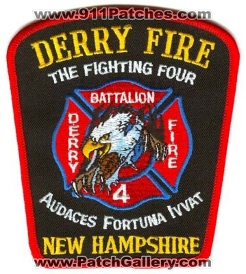 Derry Fire Department Battalion 4 (New Hampshire)
Scan By: PatchGallery.com
Keywords: dept. the fighting four audaces fortuna ivvat