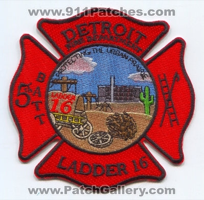 Detroit Fire Department Ladder 16 5th Battalion Patch (Michigan)
Scan By: PatchGallery.com
Keywords: dept. dfd company co. station protecting the urban prairie