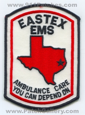 Eastex Emergency Medical Services EMS Patch (Texas)
Scan By: PatchGallery.com
Keywords: ambulance care you can depend on