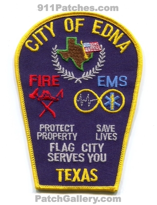 Edna Fire Department Patch (Texas)
Scan By: PatchGallery.com
Keywords: city of dept. ems protect property save lives flag city serves you