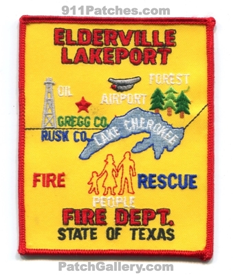 Elderville Lakeport Fire Rescue Department Patch (Texas)
Scan By: PatchGallery.com
Keywords: dept. oil airport forest gregg county rush co. lake cherokee people state of