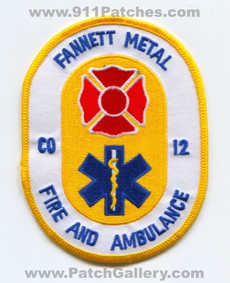 Fannett Metal Fire and Ambulance Department Company 12 Patch (Pennsylvania)
Scan By: PatchGallery.com
Keywords: dept. co. number no #12 ems