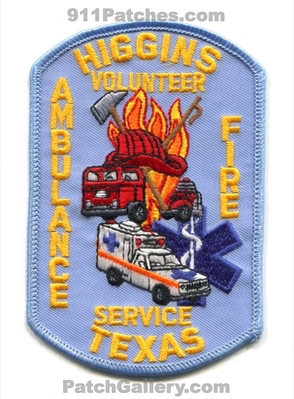 Higgins Volunteer Fire Ambulance Service Patch (Texas)
Scan By: PatchGallery.com
Keywords: vol. department dept.