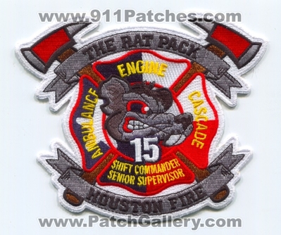 Houston Fire Department Station 15 Patch (Texas)
Scan By: PatchGallery.com
Keywords: Dept. HFD H.F.D. Engine Ambulance Cascade Shift Commander Senior Supervisor Company Co. The Rat Pack