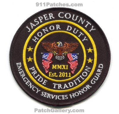 Jasper County Emergency Services Honor Guard Patch (Iowa)
Scan By: PatchGallery.com
Keywords: Co. ES Fire Department Dept. Rescue EMS Ambulance Police Sheriffs Office Honor Duty Pride Tradition - MMXI Est. 2011