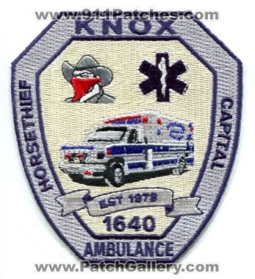 Knox Ambulance 1640 EMS Patch (Pennsylvania)
Scan By: PatchGallery.com
Keywords: emergency medical services e.m.s. emt paramedic horsethief capital