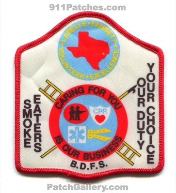 LaBelle Fannett Fire Department Smoke Eaters Patch (Texas)
Scan By: PatchGallery.com
Keywords: dept. our duty your choice caring for you is our business bdfs b.d.f.s.