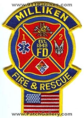 Milliken Fire & Rescue Patch (Colorado)
[b]Scan From: Our Collection[/b]
Keywords: department fd and 1 2