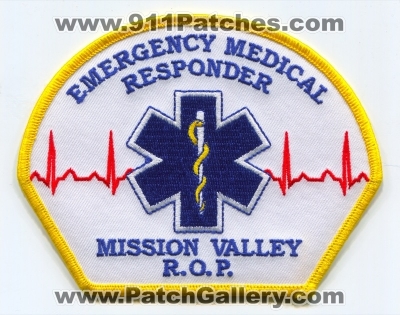Mission Valley Regional Occupational Program ROP Emergency Medical Responder Patch (California)
Scan By: PatchGallery.com
Keywords: r.o.p. ems services emr