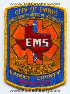 Paris Emergency Medical Services EMS Patch (Texas)
Scan By: PatchGallery.com
Keywords: city of ambulance lamar county co.