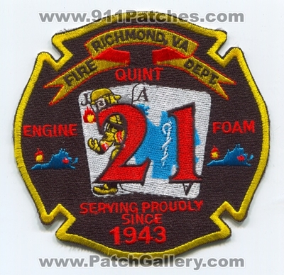 Richmond Fire Department Station 21 Patch (Virginia)
Scan By: PatchGallery.com
Keywords: Dept. Company Co. Engine Quint Foam