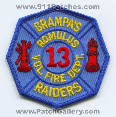 Romulus Volunteer Fire Department 13 Grampas Raiders Patch (New York)
Scan By: PatchGallery.com
Keywords: vol. dept. station company co.
