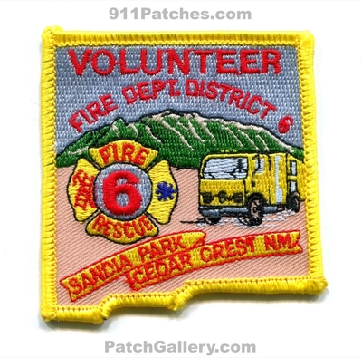 Sandia Park Cedar Crest Volunteer Fire Rescue Department District 6 Patch (New Mexico)
Scan By: PatchGallery.com
Keywords: vol. dept. dist. number no. #6 nm