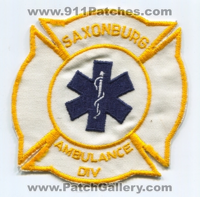 Saxonburg Fire Department Ambulance Division Patch (Pennsylvania)
Scan By: PatchGallery.com
Keywords: dept. div. ems