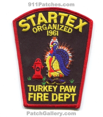 Startex Fire Department Patch (South Carolina)
Scan By: PatchGallery.com
Keywords: dept. turkey paw organized 1961