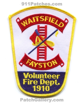 Waitsfield Fayston Volunteer Fire Department Patch (Vermont) (Confirmed)
Scan By: PatchGallery.com
Keywords: vol. dept. 1910
