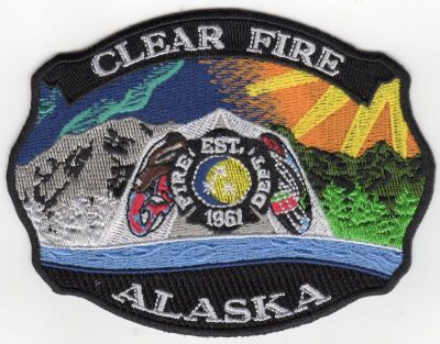Clear Fire Department USAF Station Patch (Alaska)
Thanks to Paul Howard for this scan.
Keywords: dept. est. 1961