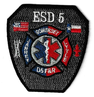 District 5 Fire Department Patch (Texas)
Thanks to Ronnie5411 for this scan.
Keywords: jarret lytle somerset esd