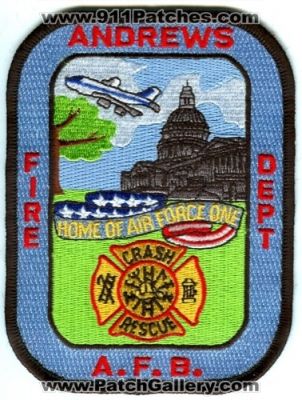Andrews Air Force Base AFB Fire Department Crash Rescue Patch (Maryland)
Scan By: PatchGallery.com
Keywords: a.f.b. usaf military dept. cfr arff aircraft airport firefighter firefighting home of air force one