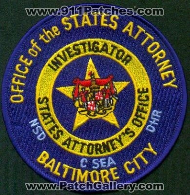 Office of the State's Attorney Investigator
Thanks to EmblemAndPatchSales.com for this scan.
Keywords: maryland states baltimore city